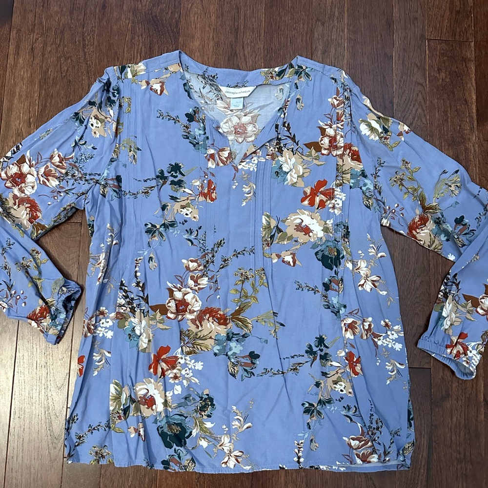 Christopher & Banks Floral Print Blouse - Blue and Brown